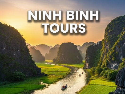 Scenic view of Tam Coc river in Ninh Binh Vietnam with boats gliding through limestone mountains at sunset