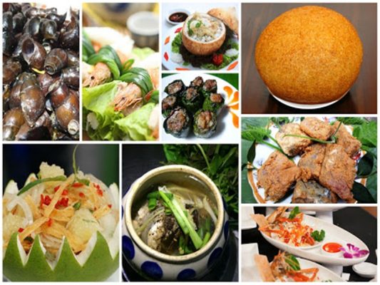 Traditional dishes of Ninh Binh, Vietnam, including goat meat, burned rice, mountain snails, and local specialties